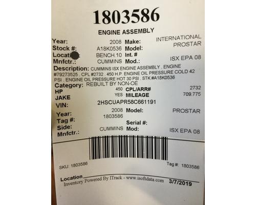 CUMMINS ISX EPA 08 ENGINE ASSEMBLY 1803586 Detail Information From HeavyTruckParts Net